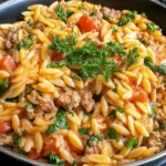 Quick Ground Turkey Orzo Recipe in a black bowl with tender orzo, seasoned ground turkey, diced tomatoes, spinach, and parsley garnish.