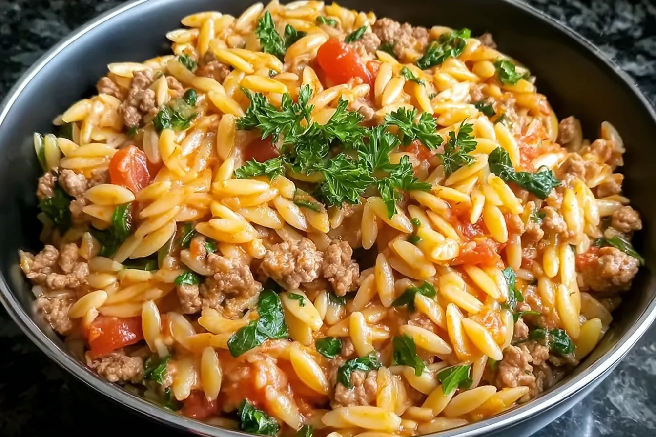 Quick Ground Turkey Orzo Recipe in a black bowl with tender orzo, seasoned ground turkey, diced tomatoes, spinach, and parsley garnish.