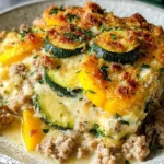 Ground Turkey Zucchini Casserole slice with melted cheese, zucchini rounds, and savory turkey in a creamy tomato-herb sauce.