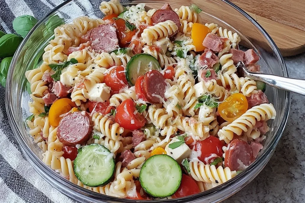 High Protein Italian Pasta Salad in a serving bowl with rotini, turkey pepperoni, ham, cucumbers, cherry tomatoes, herbs, and Italian dressing.