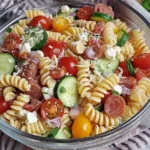 High Protein Italian Pasta Salad in a glass bowl with rotini, cucumbers, cherry tomatoes, red onion, feta, and Italian meats.