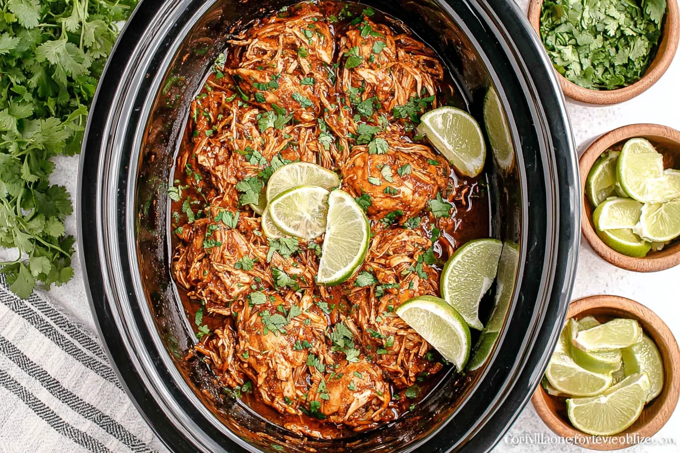 Crockpot Cilantro Lime Chicken simmering in tomato sauce with lime wedges and chopped cilantro in a slow cooker
