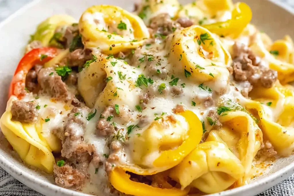 Crock Pot Cheesesteak Tortellini close-up with cheesy tortellini, savory beef, bell peppers, and melted provolone-style sauce.