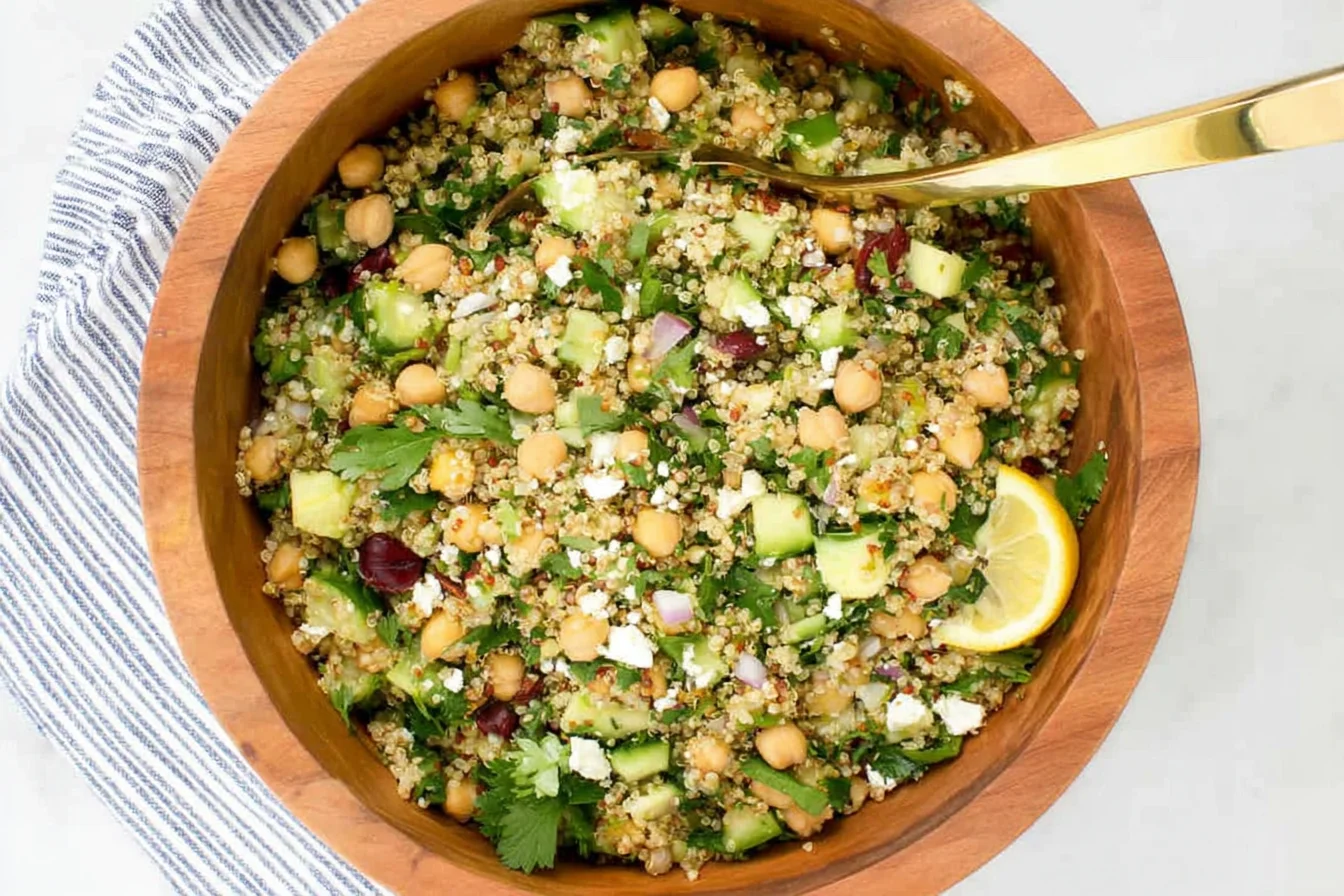 The Jennifer Aniston Salad in a wooden bowl with quinoa, chickpeas, cucumber, fresh herbs, feta, and lemon wedge.