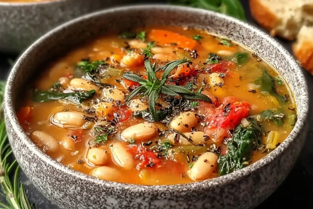 Rustic Tuscan Bean Soup with Fresh Herbs in a speckled ceramic bowl, filled with cannellini beans, tomatoes, greens, and a rosemary garnish.