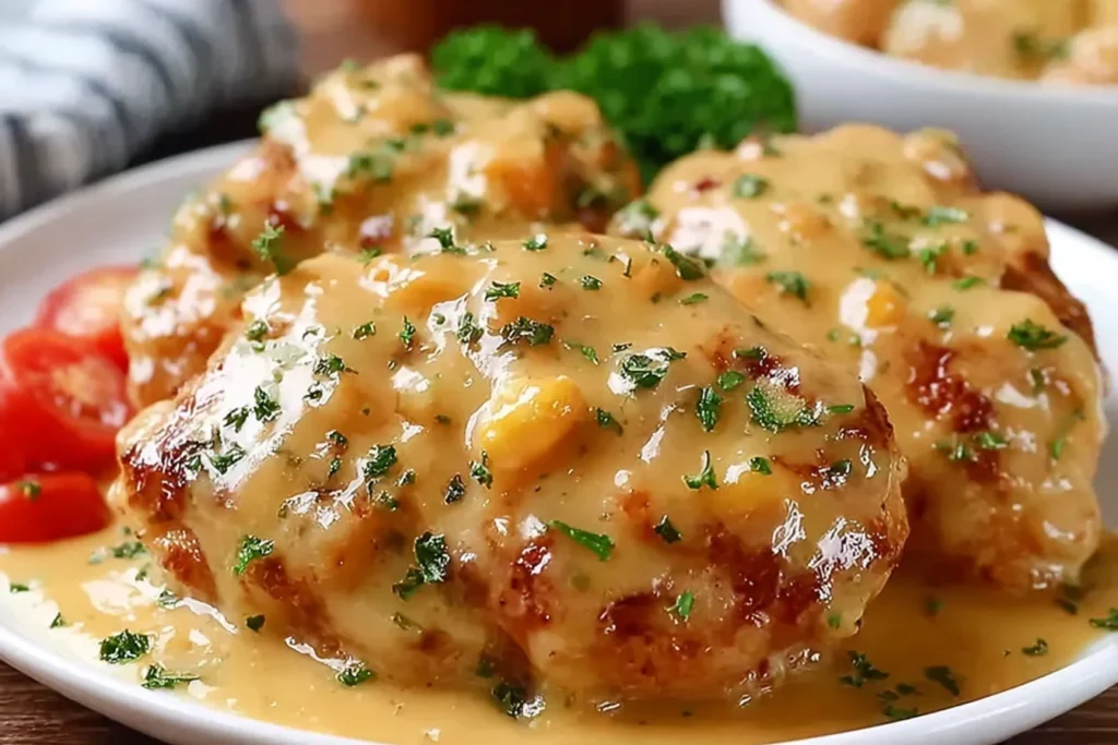 Texas Roadhouse Smothered Chicken topped with rich gravy and herbs on a plate with broccoli and sliced tomatoes.
