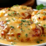 Texas Roadhouse Smothered Chicken covered in creamy gravy and topped with herbs, served hot on a white plate for a cozy comfort-food dinner.