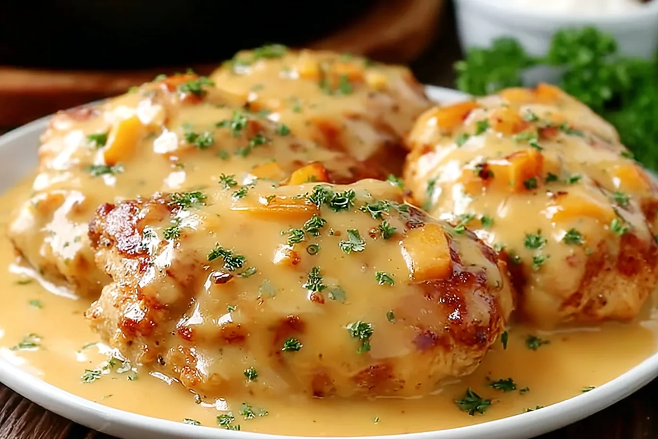 Texas Roadhouse Smothered Chicken covered in creamy gravy and topped with herbs, served hot on a white plate for a cozy comfort-food dinner.