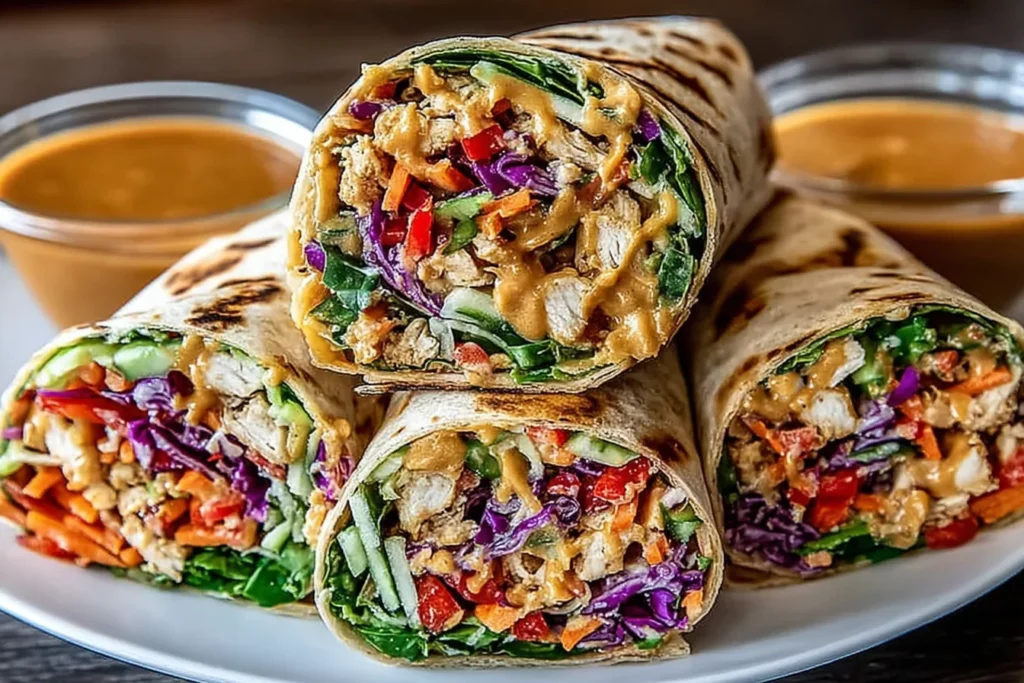 Thai Peanut Chicken Wraps on a plate with creamy peanut dipping sauce, stuffed with chicken, crunchy slaw, cucumbers, peppers, and peanut dressing.