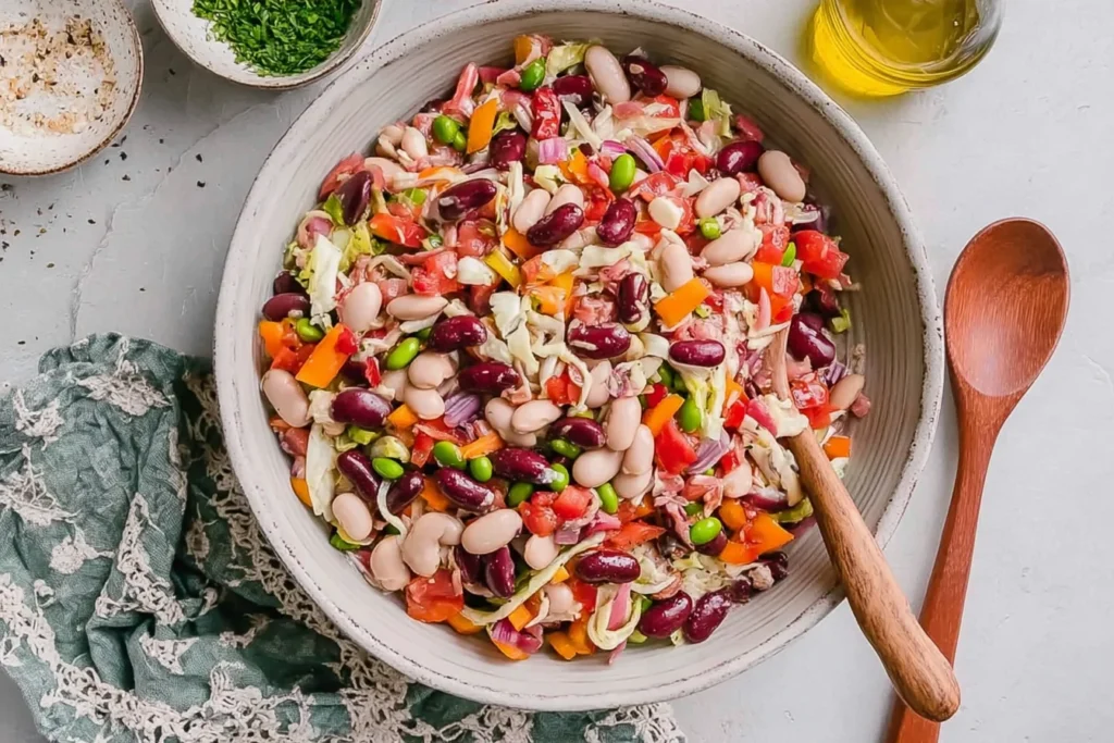 Italian Grinder Bean Salad in a large serving bowl with kidney beans, white beans, chopped peppers, red onion, and creamy Italian dressing.