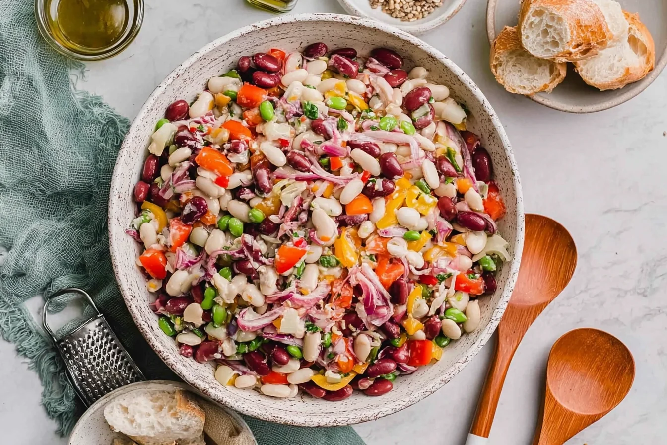 Italian Grinder Bean Salad in a large bowl with kidney beans, white beans, peppers, red onion, and herbs on a light tabletop.