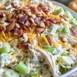 Million Dollar Chicken Salad in a bowl with shredded chicken, celery, cheddar cheese, crispy bacon, and toasted almonds.