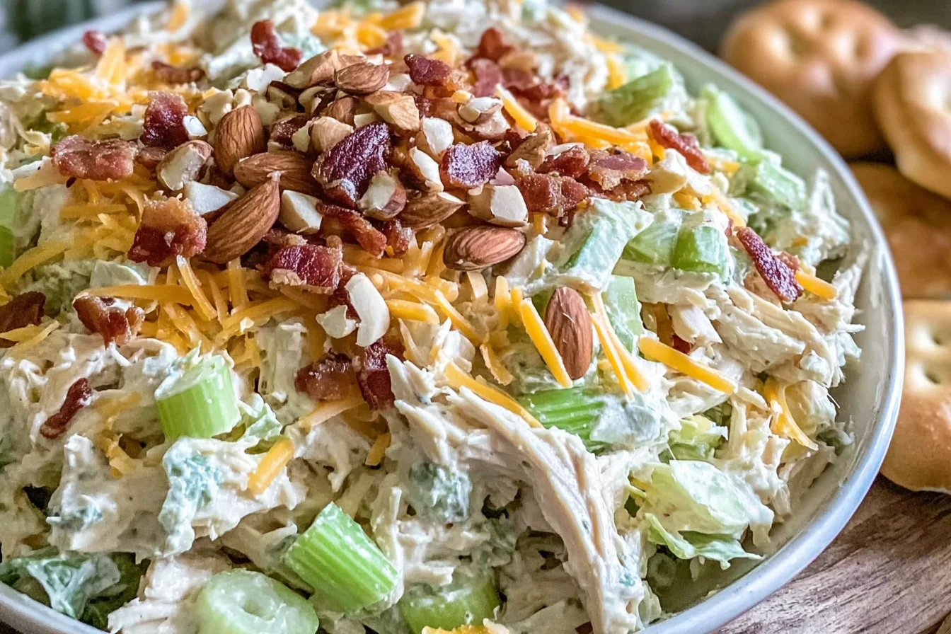 Million Dollar Chicken Salad in a bowl with shredded chicken, celery, cheddar cheese, crispy bacon, and toasted almonds.