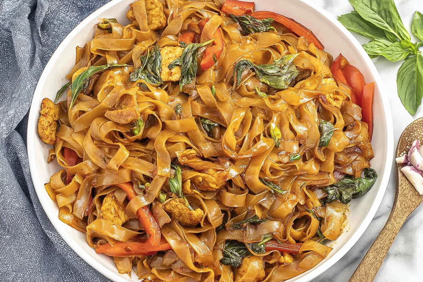 Drunken Noodles (Pad Kee Mao) with chicken, Thai basil, and bell peppers in a glossy savory stir-fry sauce.