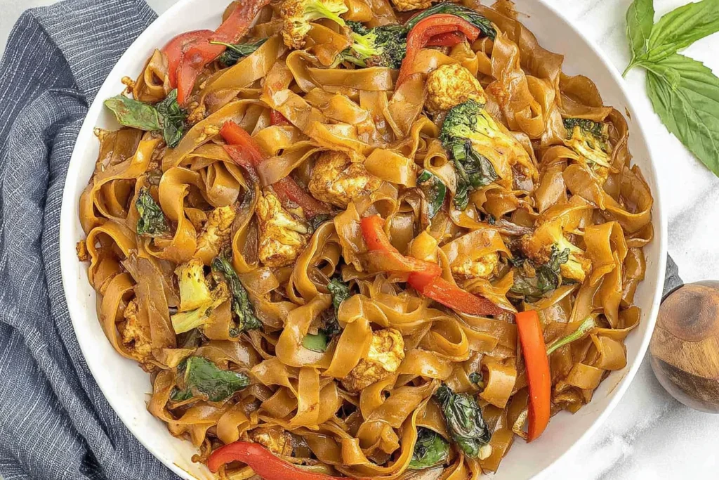 Drunken Noodles (Pad Kee Mao) with wide rice noodles, chicken, broccoli, red bell peppers, and Thai basil in a savory glossy sauce.