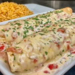 Plated Queso Chicken Enchiladas covered in creamy queso blanco sauce with diced tomatoes and cilantro, served with a side of Mexican rice.