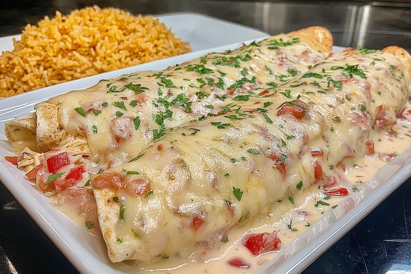 Plated Queso Chicken Enchiladas covered in creamy queso blanco sauce with diced tomatoes and cilantro, served with a side of Mexican rice.