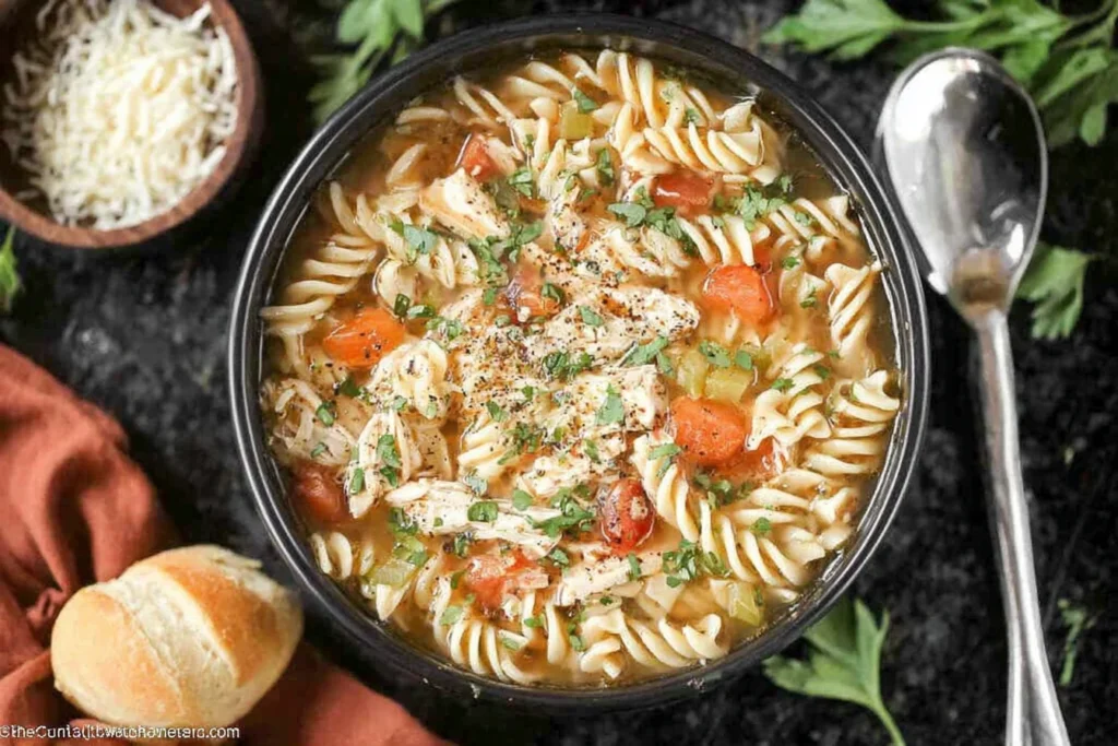 Crockpot Italian Chicken Soup served in a bowl with shredded chicken, rotini pasta, carrots, and herbs