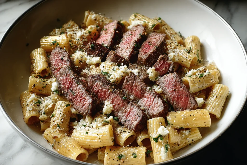Cowboy Butter Steak Pasta with sliced medium-rare steak and rigatoni coated in garlicky lemon cowboy butter sauce, finished with herbs and grated cheese.