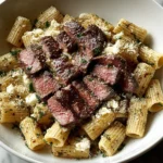 Cowboy Butter Steak Pasta with seared ribeye slices over rigatoni in a garlicky lemon butter sauce, topped with herbs and grated cheese.