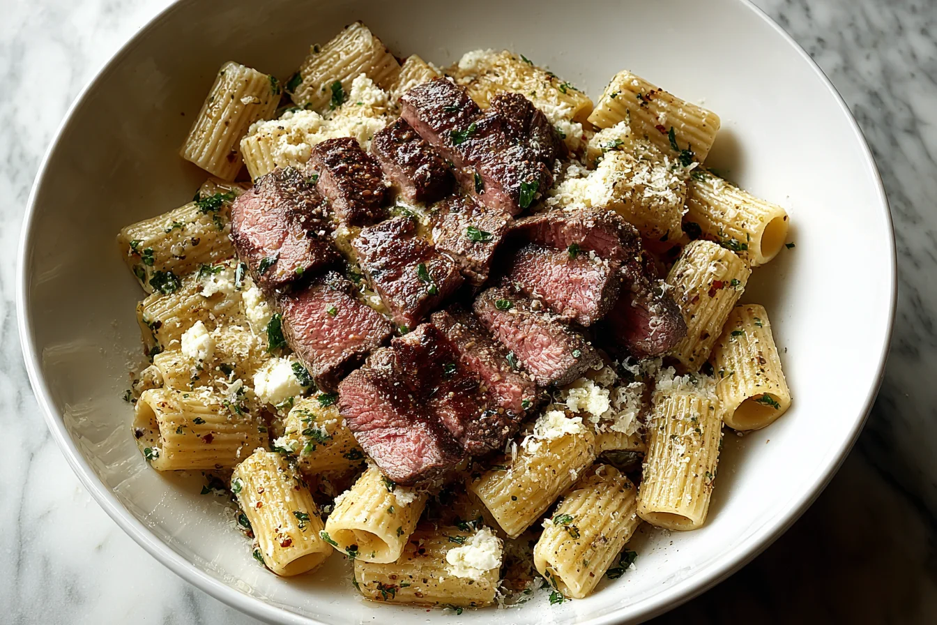 Cowboy Butter Steak Pasta with seared ribeye slices over rigatoni in a garlicky lemon butter sauce, topped with herbs and grated cheese.