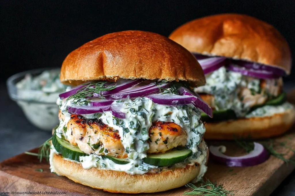 Greek Chicken Burgers with Tzatziki stacked with cucumber slices, red onion, and creamy herbed tzatziki on a toasted bun.