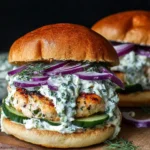 Greek Chicken Burgers with Tzatziki stacked with cucumber slices, red onion, and creamy herbed tzatziki on a toasted bun.