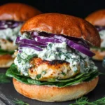 Greek Chicken Burgers with Tzatziki topped with creamy dill sauce and red onion on a toasted bun with spinach.
