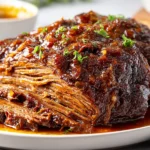 Slow Cooked Beef Brisket sliced on a plate with rich gravy, caramelized onions, and herbs—tender, juicy, and fork-soft.