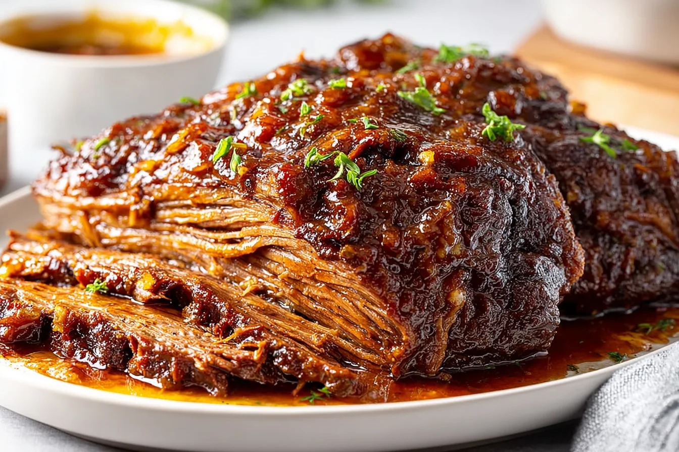 Slow Cooked Beef Brisket sliced on a plate with rich gravy, caramelized onions, and herbs—tender, juicy, and fork-soft.