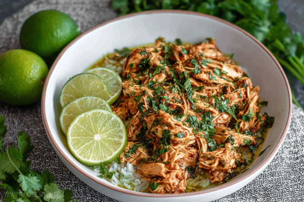 Crockpot Cilantro Lime Chicken served over rice with fresh cilantro and lime slices in a white bowl