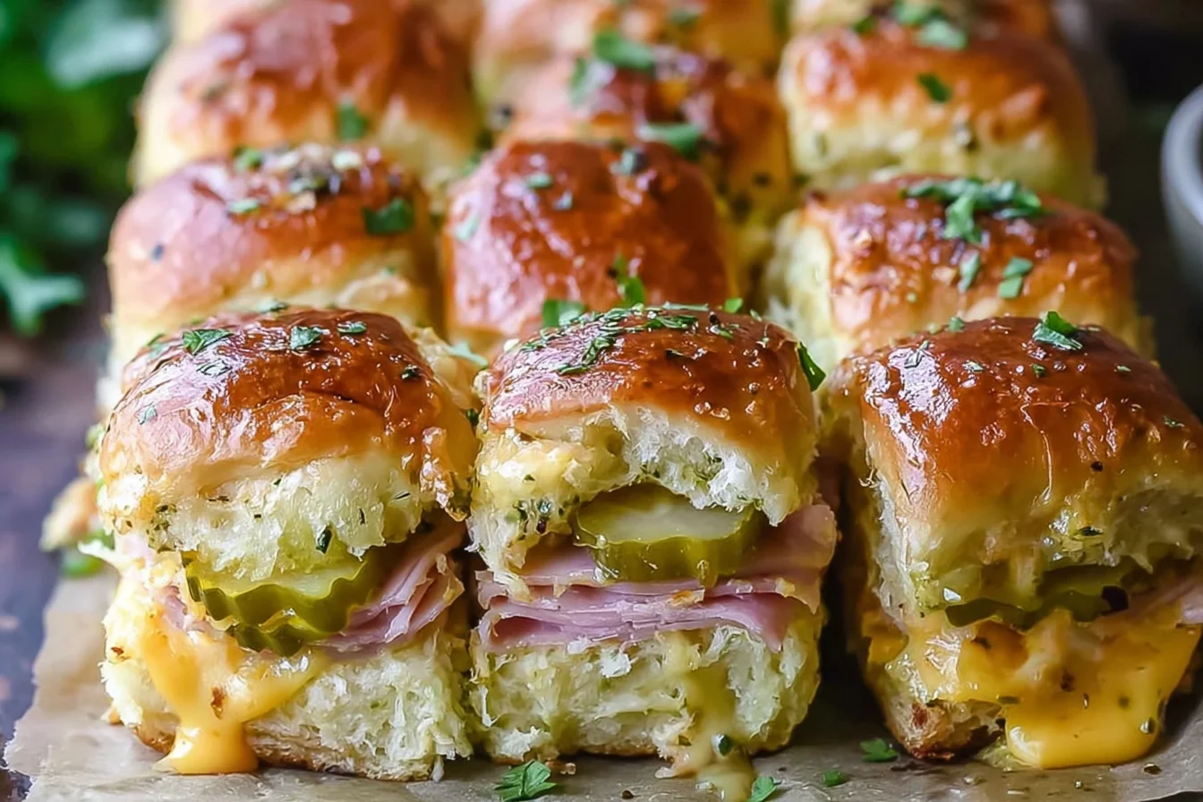 Cuban Inspired Pull-Apart Sliders with ham, Swiss cheese, and dill pickles, brushed with garlic pickle butter and baked until golden and melty.