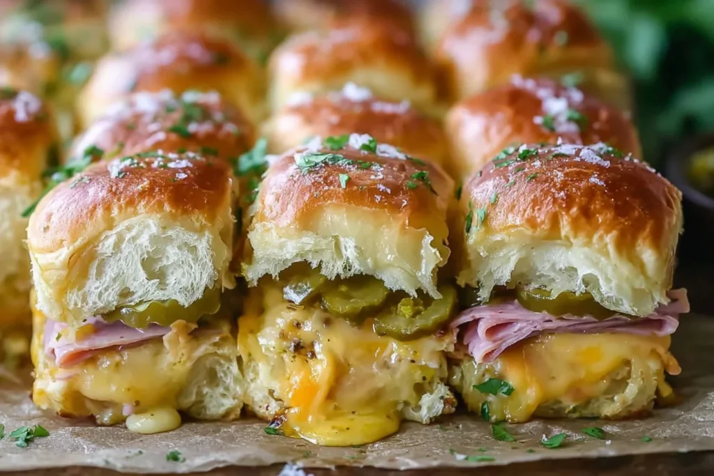 Cuban Inspired Pull-Apart Sliders with ham, Swiss cheese, and pickles on soft rolls, brushed with garlic pickle butter and baked until golden and gooey.