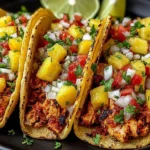 Pineapple Chicken Tacos with juicy seasoned chicken, fresh pineapple salsa, cilantro, and diced onions in warm corn tortillas with lime.