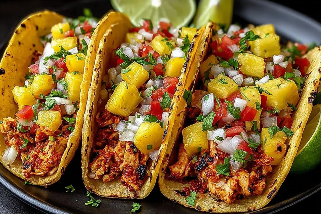 Pineapple Chicken Tacos with juicy seasoned chicken, fresh pineapple salsa, cilantro, and diced onions in warm corn tortillas with lime.
