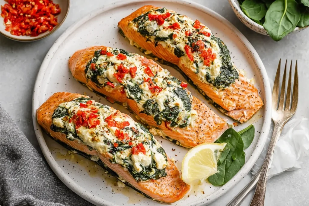 Stuffed Salmon With Spinach and Feta on a plate with lemon wedge, topped with creamy spinach-feta filling and chopped roasted red peppers.
