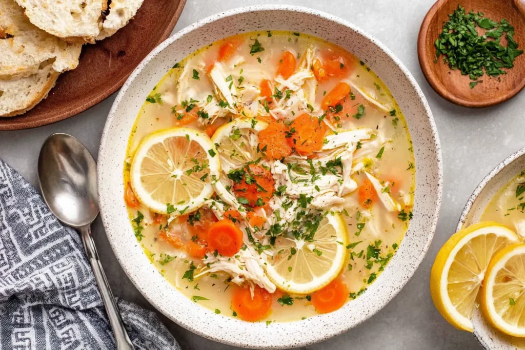 Overhead view of Lemon Chicken Soup with shredded chicken, sliced carrots, fresh herbs, and lemon slices in a speckled bowl, served with crusty bread.