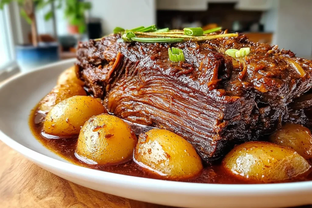 Slow Cooked Beef Brisket served in rich gravy with baby potatoes and green onion garnish—tender, juicy, and comfort-food perfect.