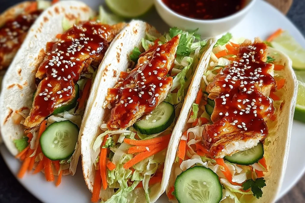 Sweet Chili Chicken Wraps packed with sweet chili glazed chicken, shredded lettuce, carrots, cucumber slices, cilantro, and sesame seeds on warm tortillas.