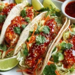 Sweet Chili Chicken Wraps stuffed with juicy chicken, shredded lettuce, carrots, cucumbers, cilantro, and a sticky sweet chili sauce, served with lime wedges and dipping sauce.