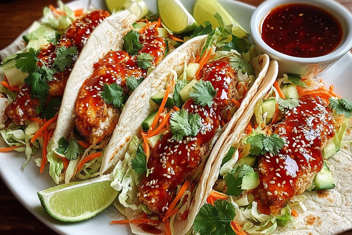 Sweet Chili Chicken Wraps stuffed with juicy chicken, shredded lettuce, carrots, cucumbers, cilantro, and a sticky sweet chili sauce, served with lime wedges and dipping sauce.