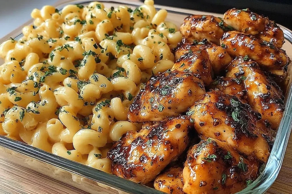 Honey Garlic Butter Chicken with Mac and Cheese in a glass meal-prep dish, featuring creamy elbow macaroni and sticky honey-garlic glazed chicken bites.