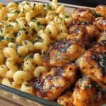 Honey Garlic Butter Chicken with Mac and Cheese in a glass meal-prep dish, featuring creamy elbow macaroni and sticky honey-garlic glazed chicken bites.