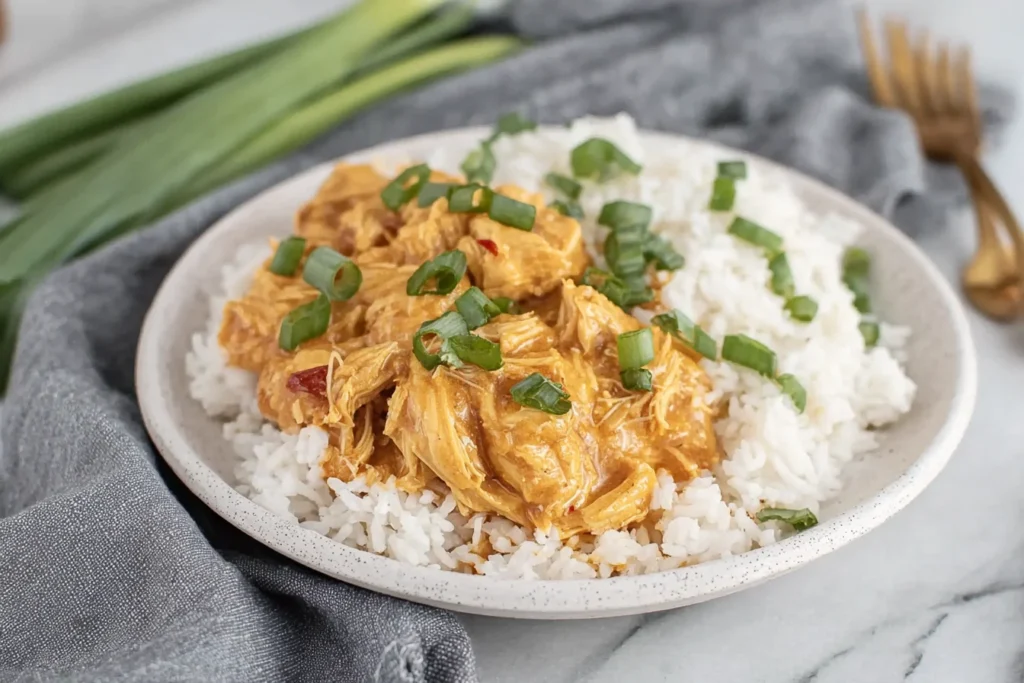 Crock pot Sweet Chili Chicken served over fluffy white rice, topped with sliced green onions for an easy creamy slow cooker dinner.