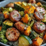Sausage Veggie Skillet Bowl with browned chicken sausage, roasted sweet potato, broccoli, and zucchini over rice, sprinkled with fresh herbs.