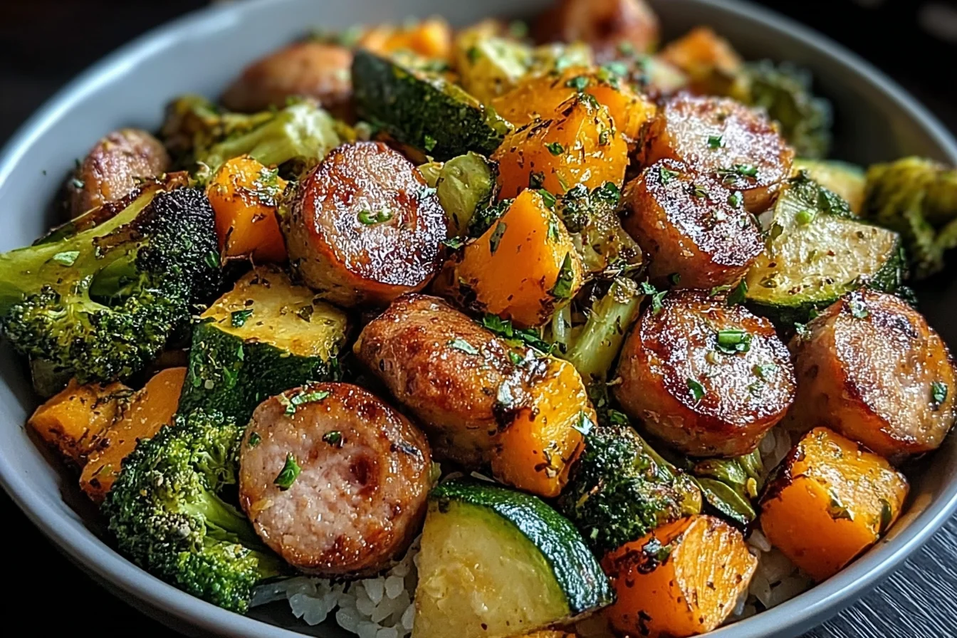 Sausage Veggie Skillet Bowl with browned chicken sausage, roasted sweet potato, broccoli, and zucchini over rice, sprinkled with fresh herbs.