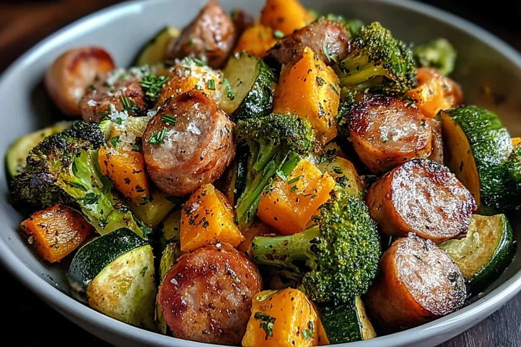 Sausage Veggie Skillet Bowl piled with seared chicken sausage, roasted sweet potato, broccoli florets, and zucchini, finished with herbs for a quick dinner.