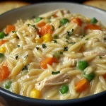 Creamy Chicken Pot Pie Orzo in a bowl with tender chicken, peas, carrots, and corn in a rich velvety sauce.