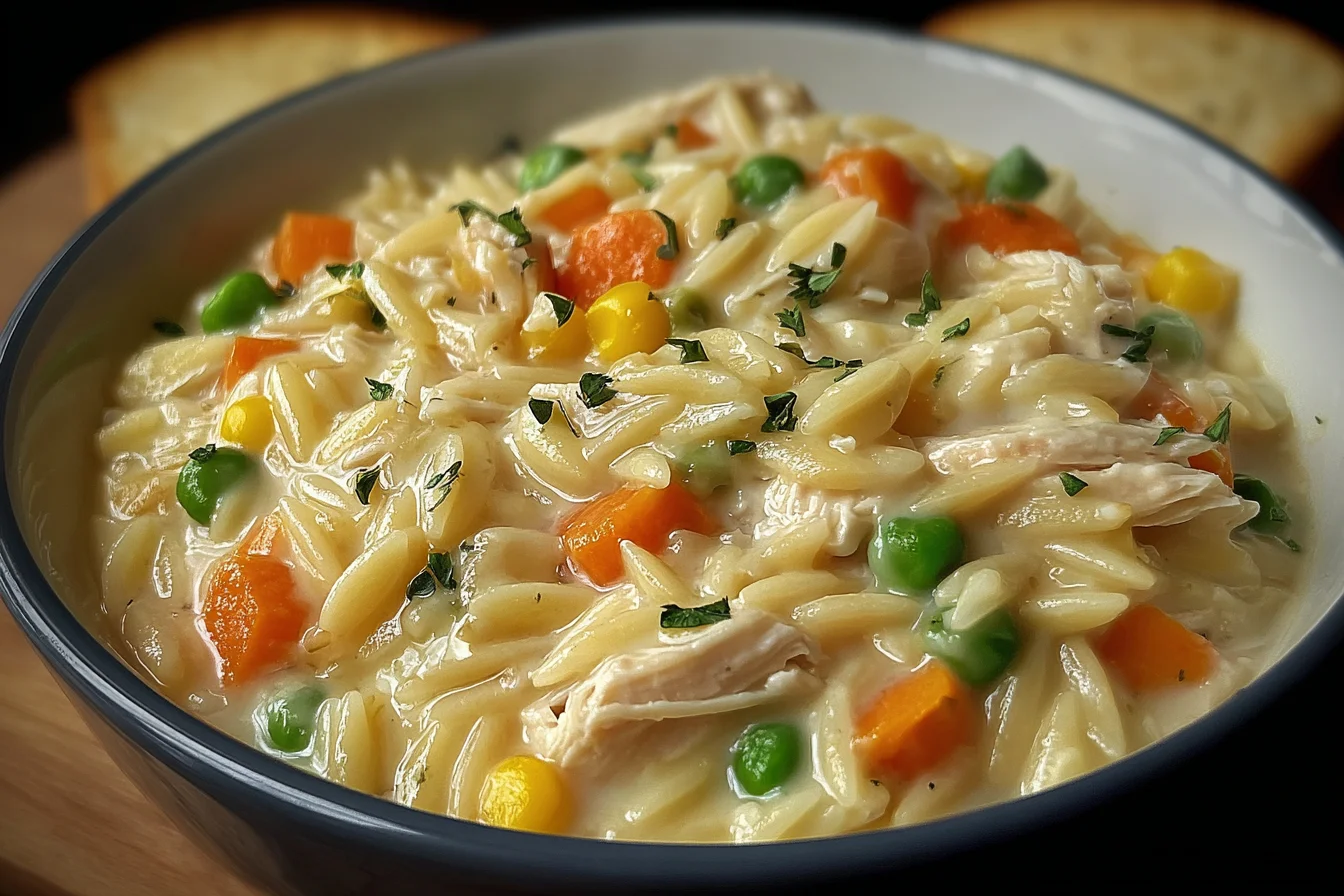 Creamy Chicken Pot Pie Orzo in a bowl with tender chicken, peas, carrots, and corn in a rich velvety sauce.
