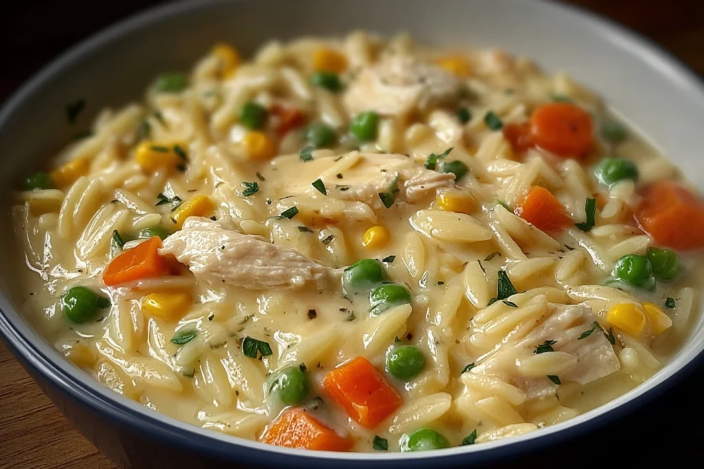 Close-up of creamy Chicken Pot Pie Orzo with shredded chicken, peas, carrots, and corn in a rich, comforting sauce.